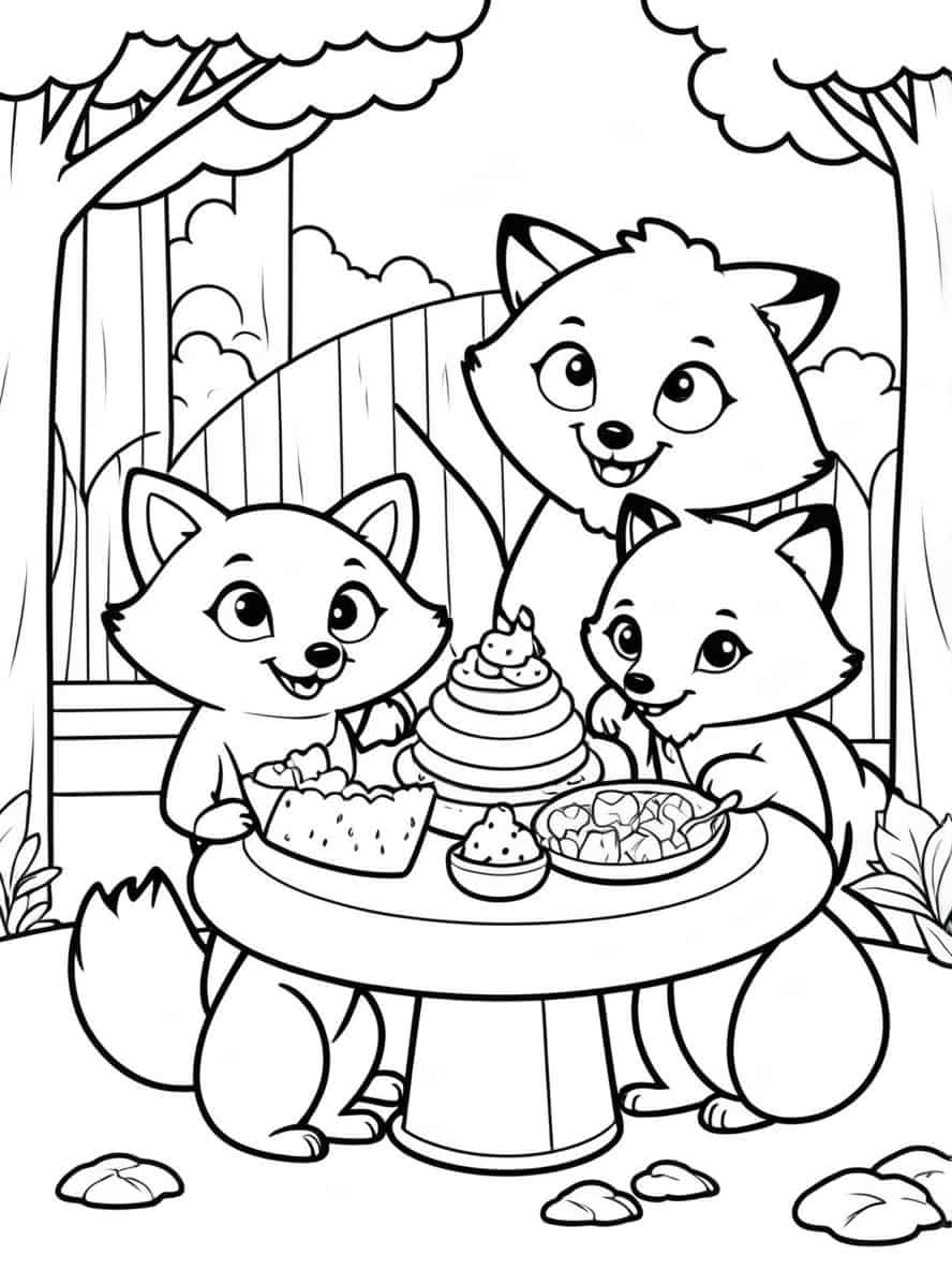 Fox Family Eating Outdoors Coloring Pages