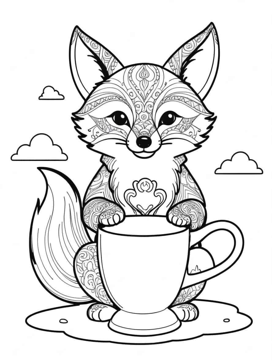 Fox Holding Cup On Clouds Coloring Pages