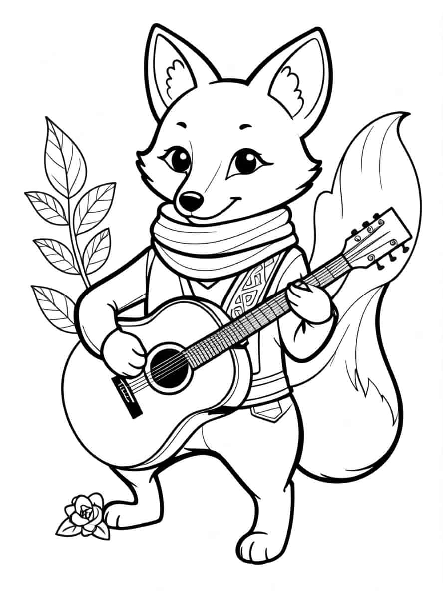 Fox In Scarf And Guitar Coloring Pages