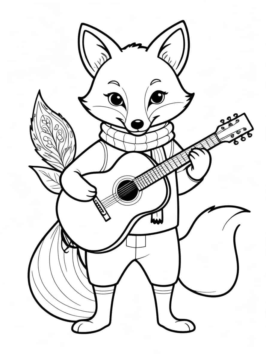 Fox In Scarf And Holding Guitar Coloring Pages