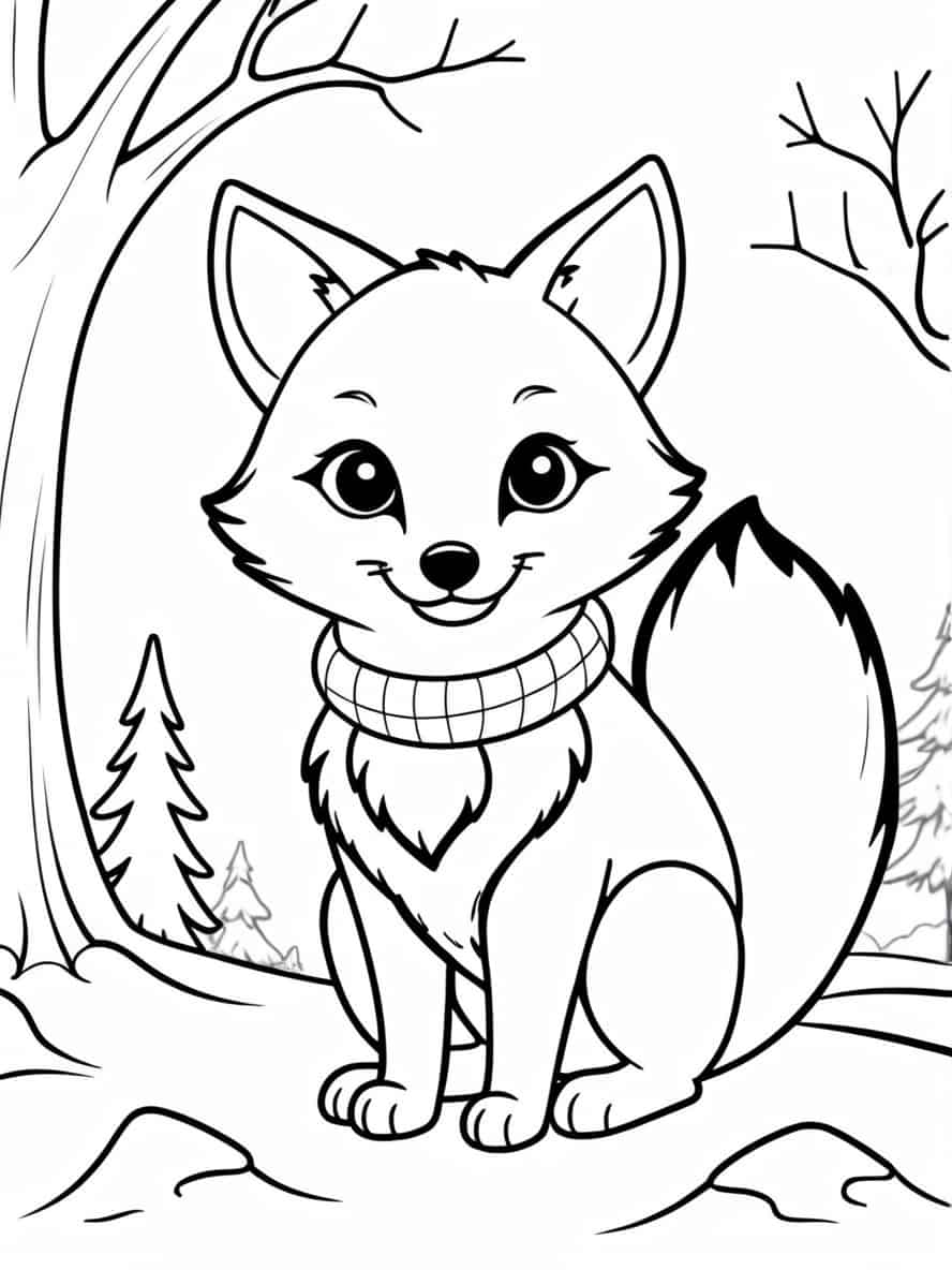 Fox Tilted Head In Winter Coloring Pages