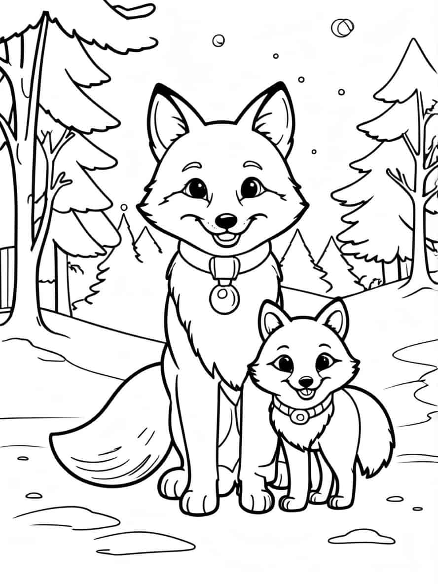 Fox With Baby Fox Outdoors On Christmas Coloring Pages