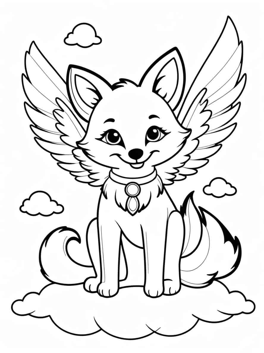 Fox With Wings In The Clouds Coloring Pages