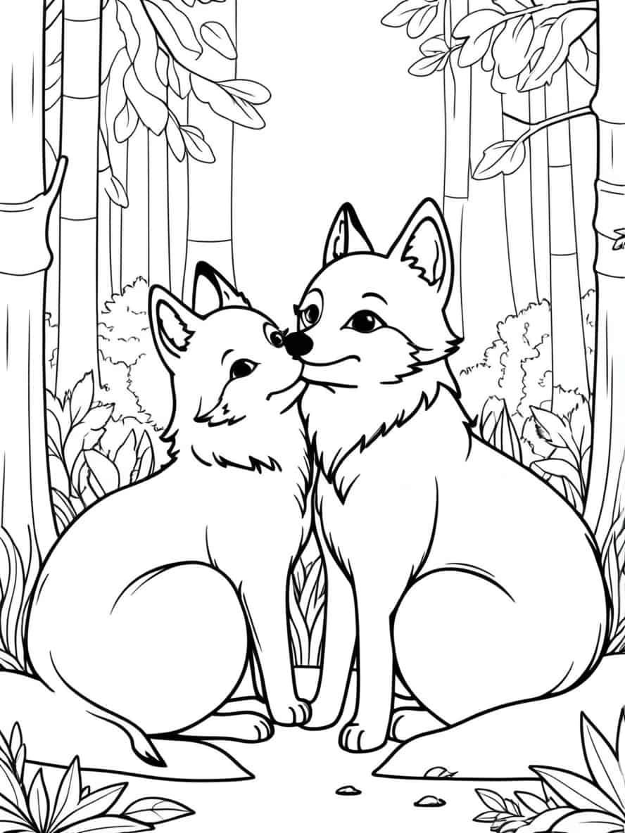 Foxes Kissing In Forest Coloring Pages