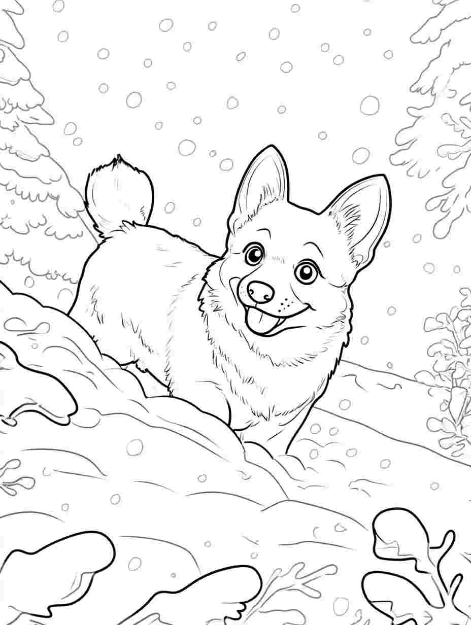 Free Corgi Playing In The Snow Coloring Pages