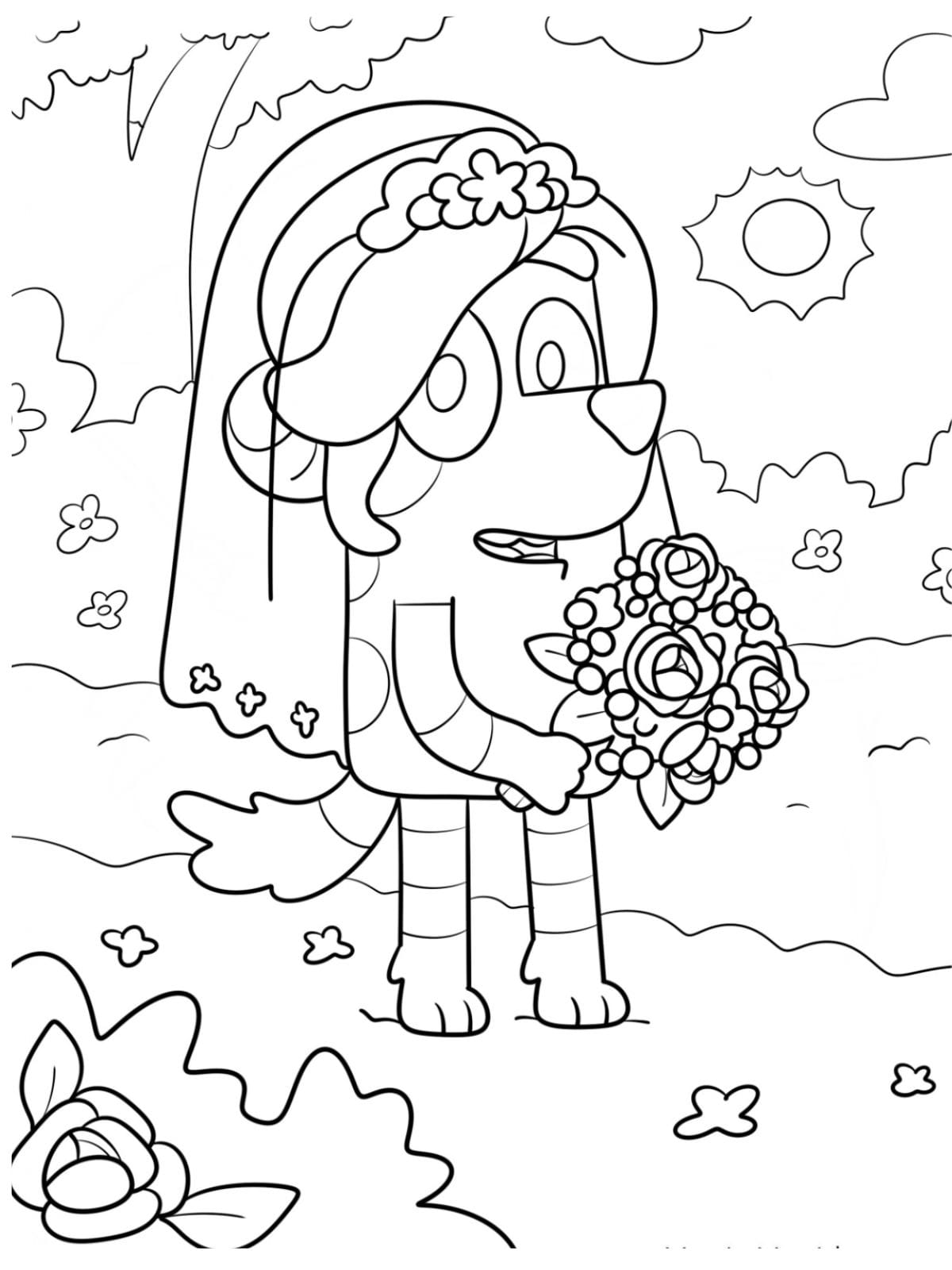 Frisky With A Wedding Veil And Flower Bouquet Coloring Pages For Kids