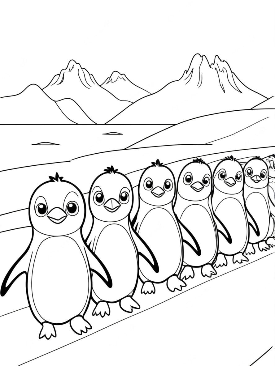 Funny Penguin Marching A Row Coloring Pages