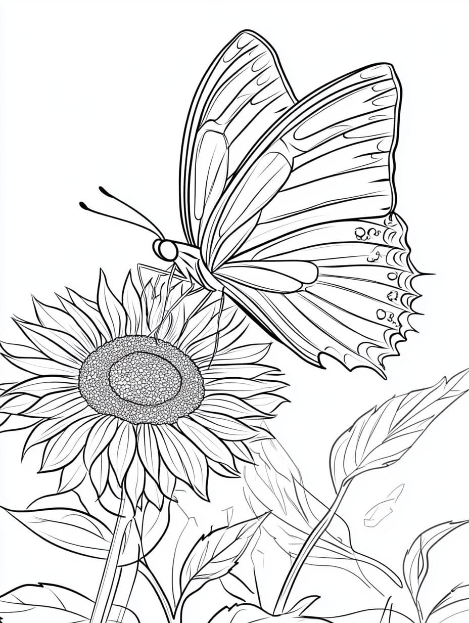 Giant Butterfly On A Sunflower Coloring Pages