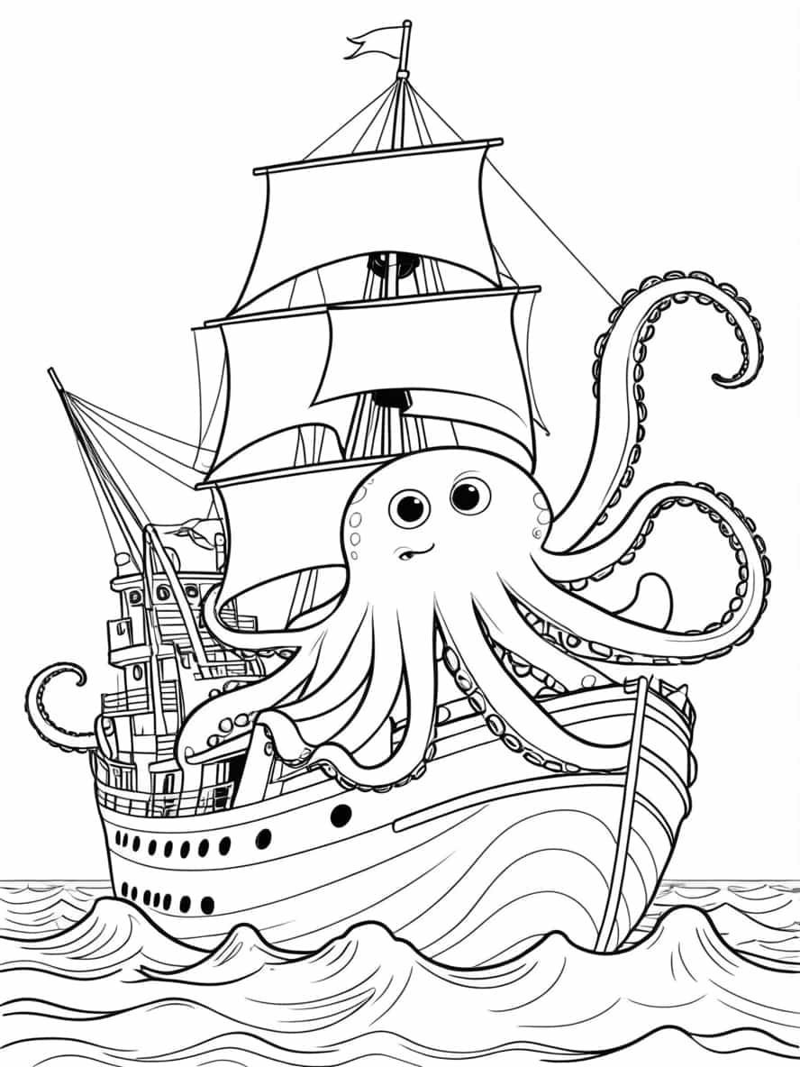 Giant Kraken Octopus Capturing Coloring Pages