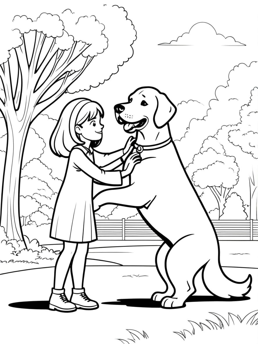 Girl Playing With Large Dog In The Park Coloring Pages