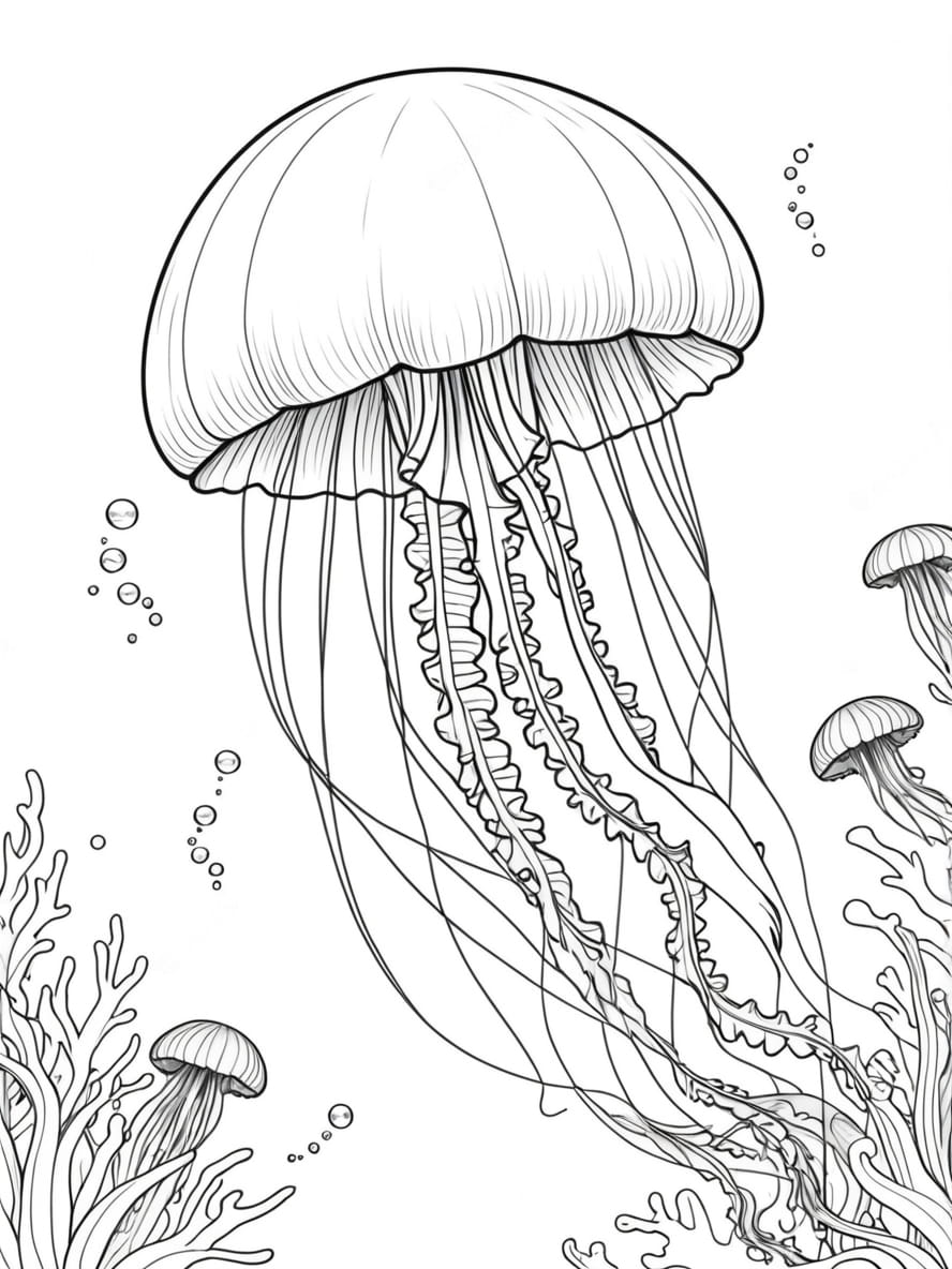 Graceful Jellyfish Floating In The Deep Ocean Coloring Page For Kids