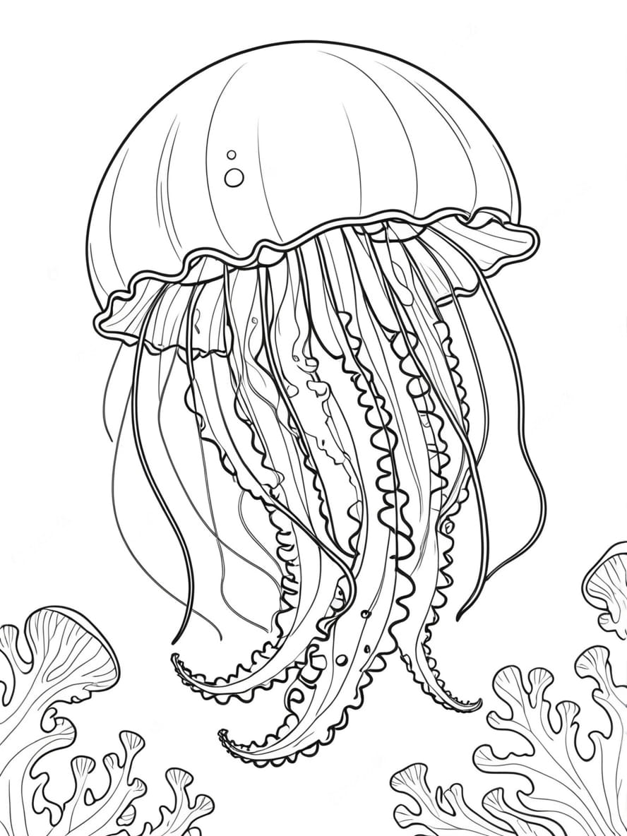 Graceful Jellyfish Floating In The Deep Ocean Coloring Pages