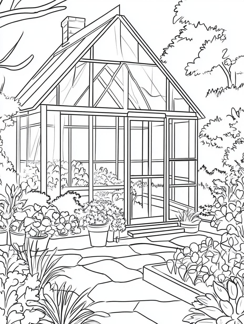 Greenhouse And Spring Garden Simple Coloring Page Coloring Pages