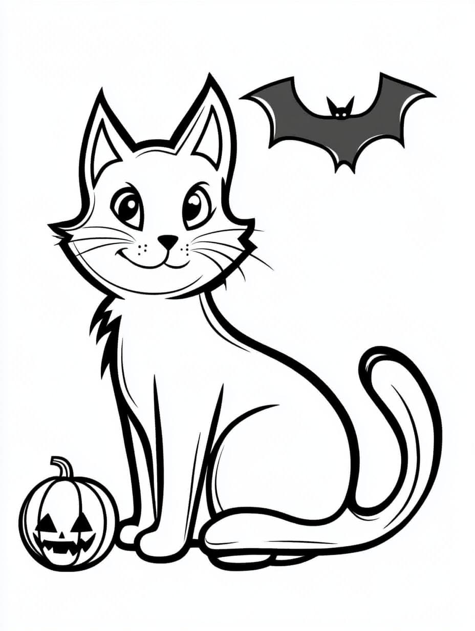 Halloween Cat And Bat Coloring Pages