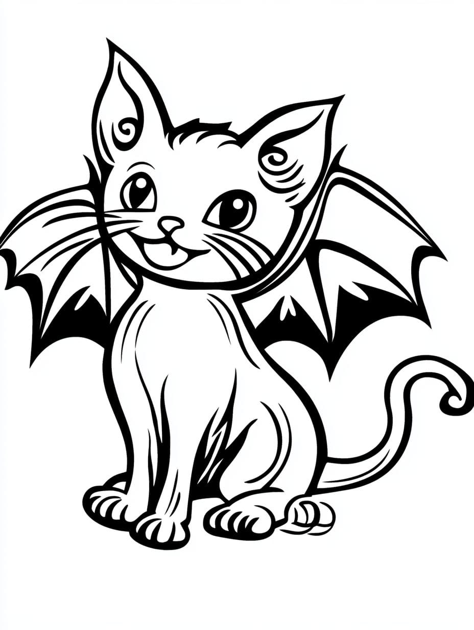 Halloween Cat And Bat Wings Coloring Pages