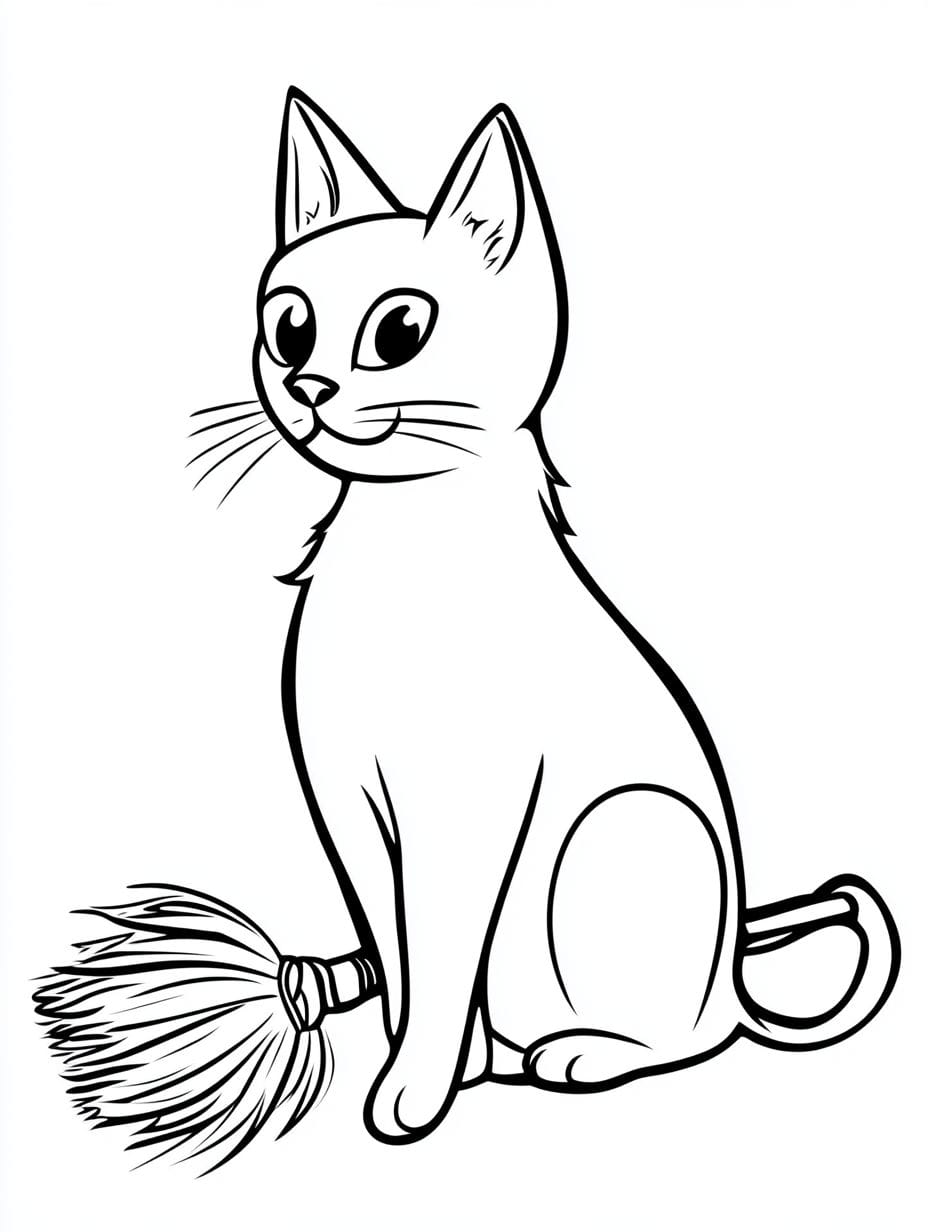 Halloween Cat And Broom Coloring Pages