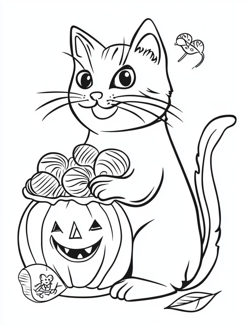 Halloween Cat And Candy Coloring Pages