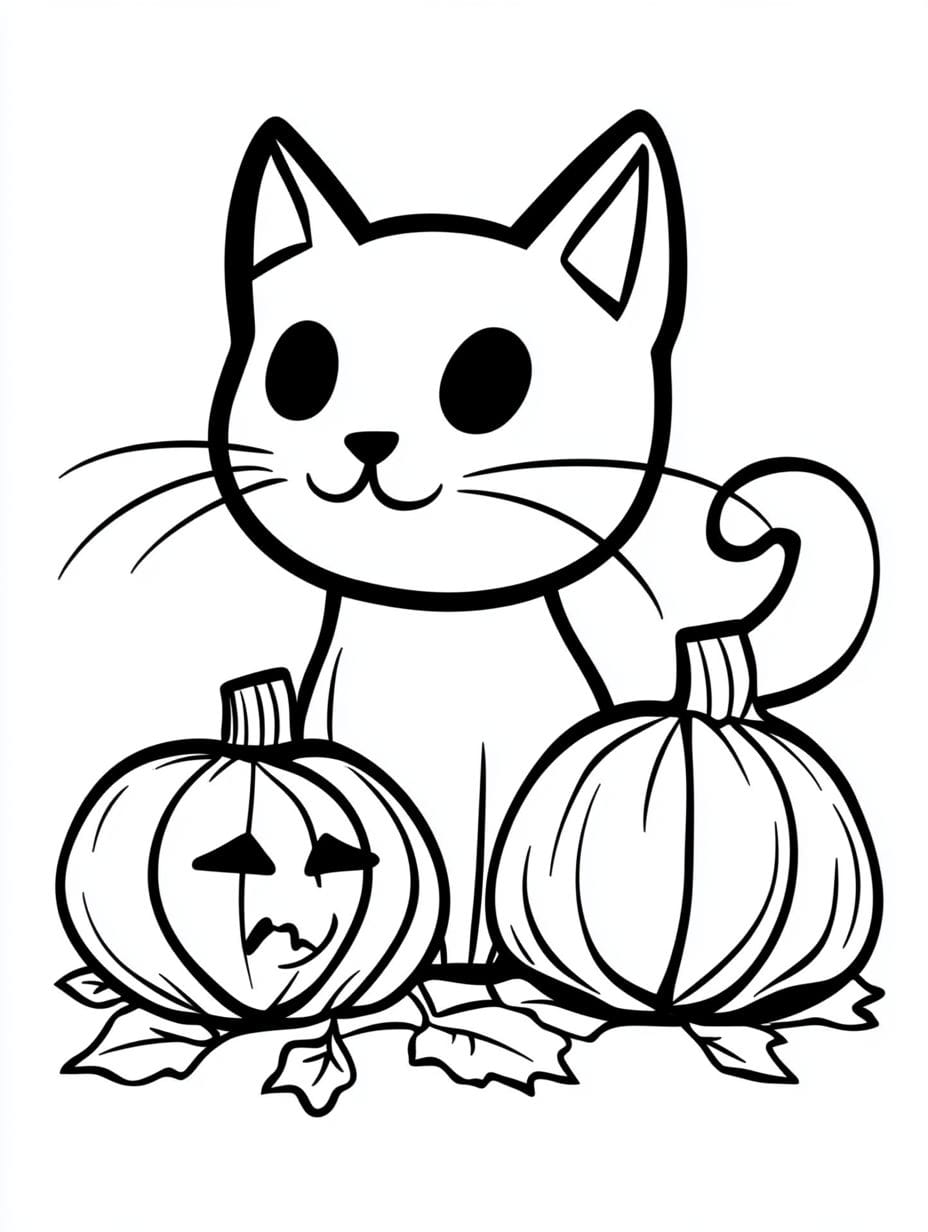 Halloween Cat And Two Pumpkins Coloring Pages