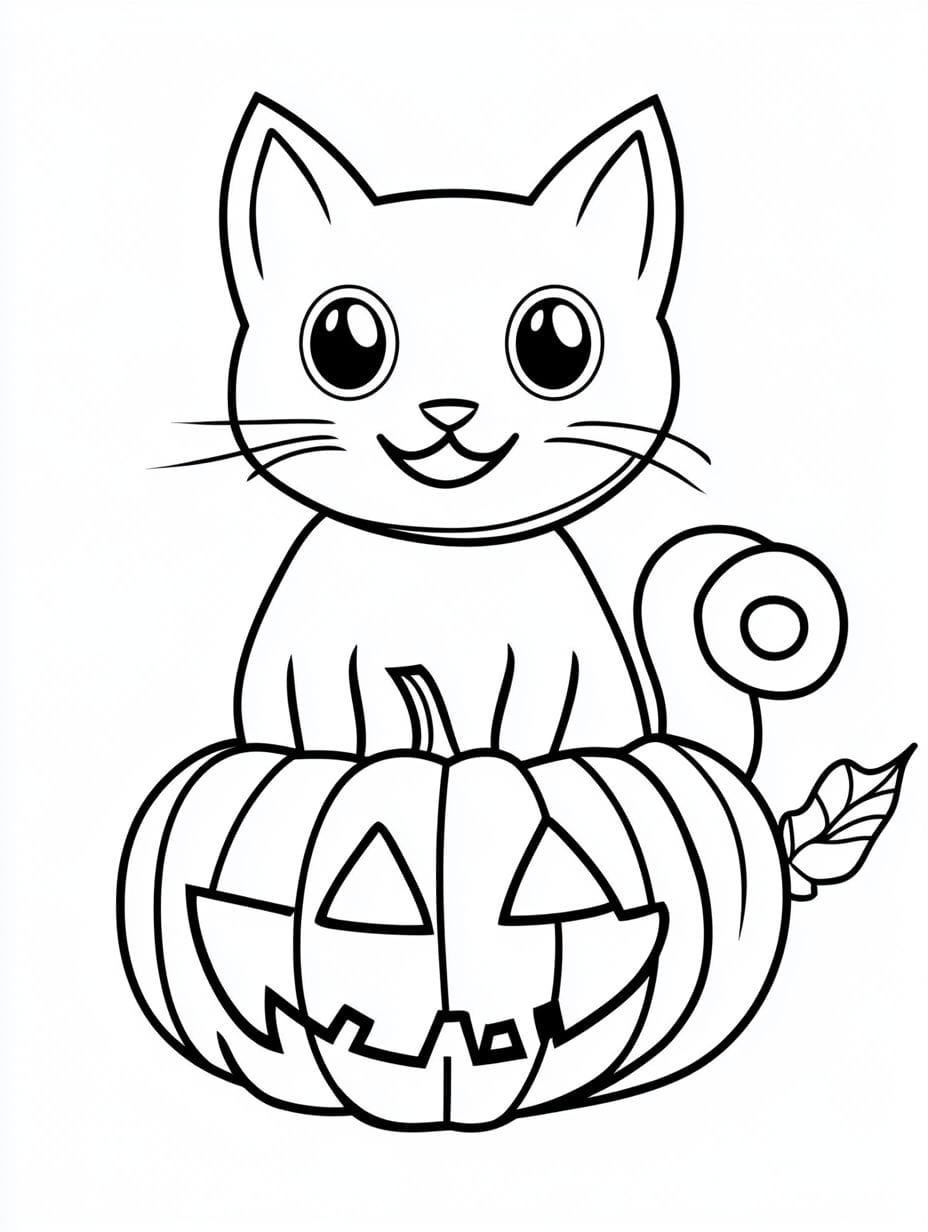 Halloween Cat Cute Smile With Pumpkin Coloring Pages