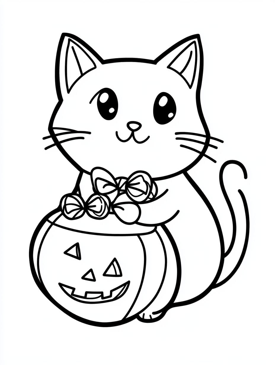 Halloween Cat Cute With Candy Coloring Pages