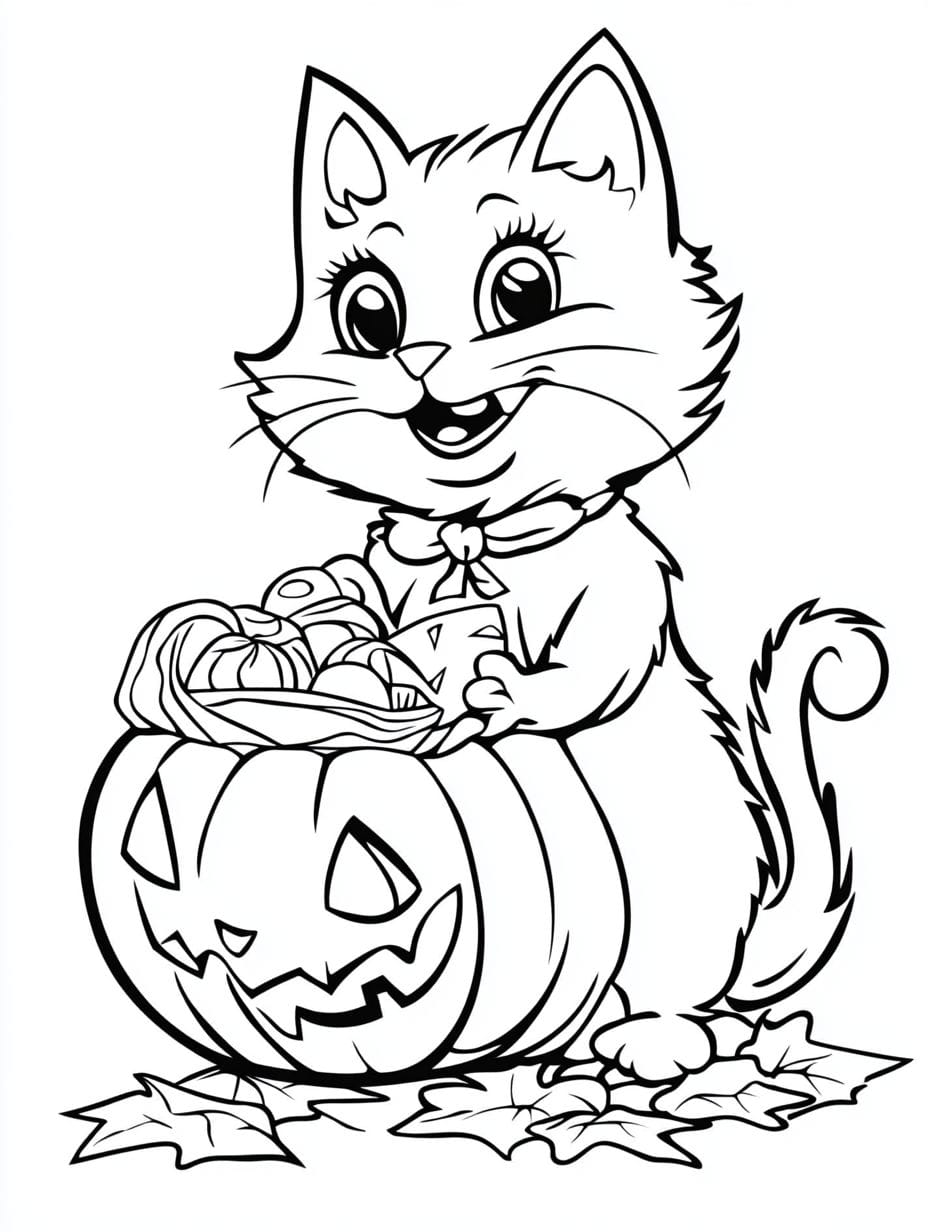 Halloween Cat Giving Candy Coloring Pages