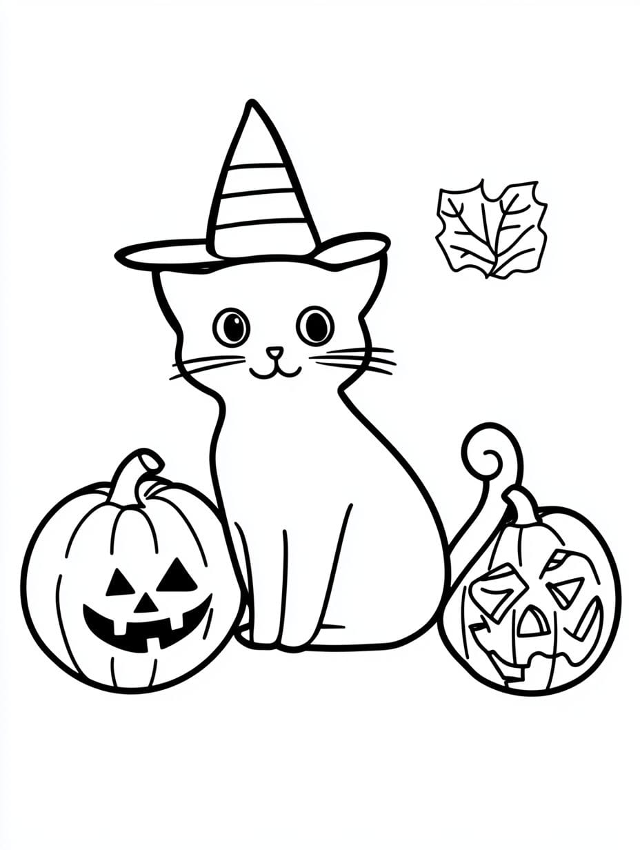 Halloween Cat In The Hat With Two Pumpkin Coloring Pages