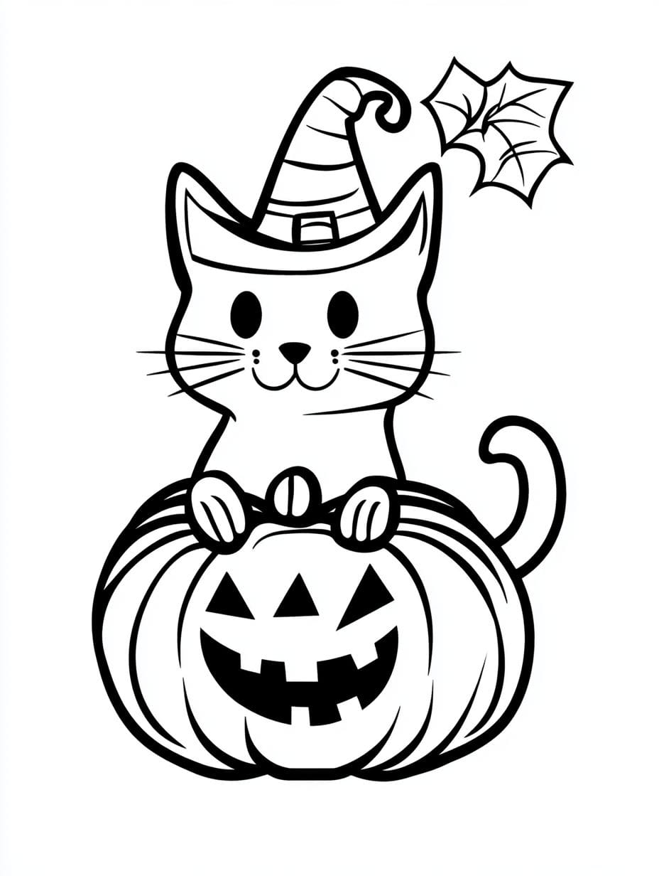 Halloween Cat In Witch Hat Coloring Pages