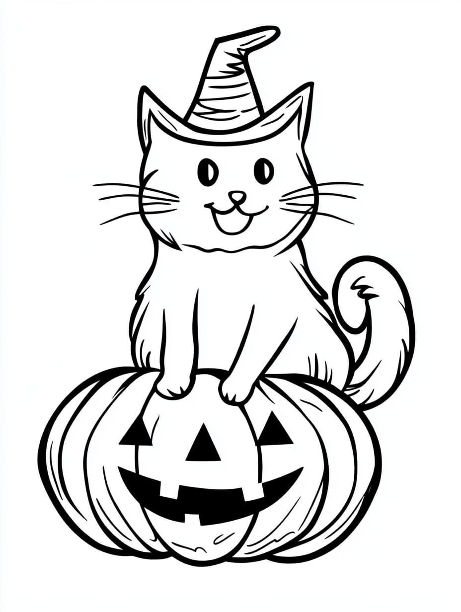 Halloween Cat Lovely With Pumpkin Coloring Pages