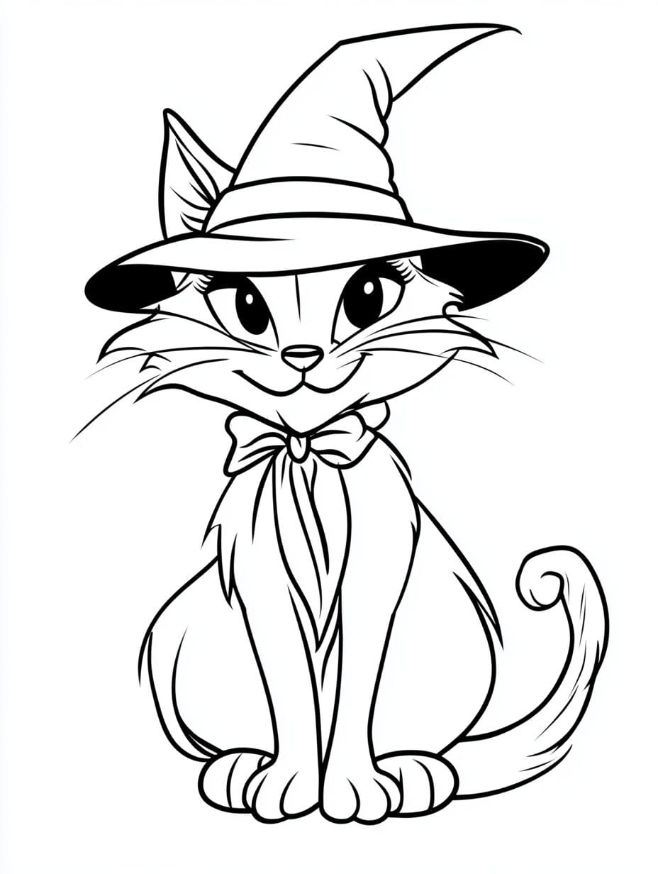 Halloween Cat Sitting And Hat Coloring Pages