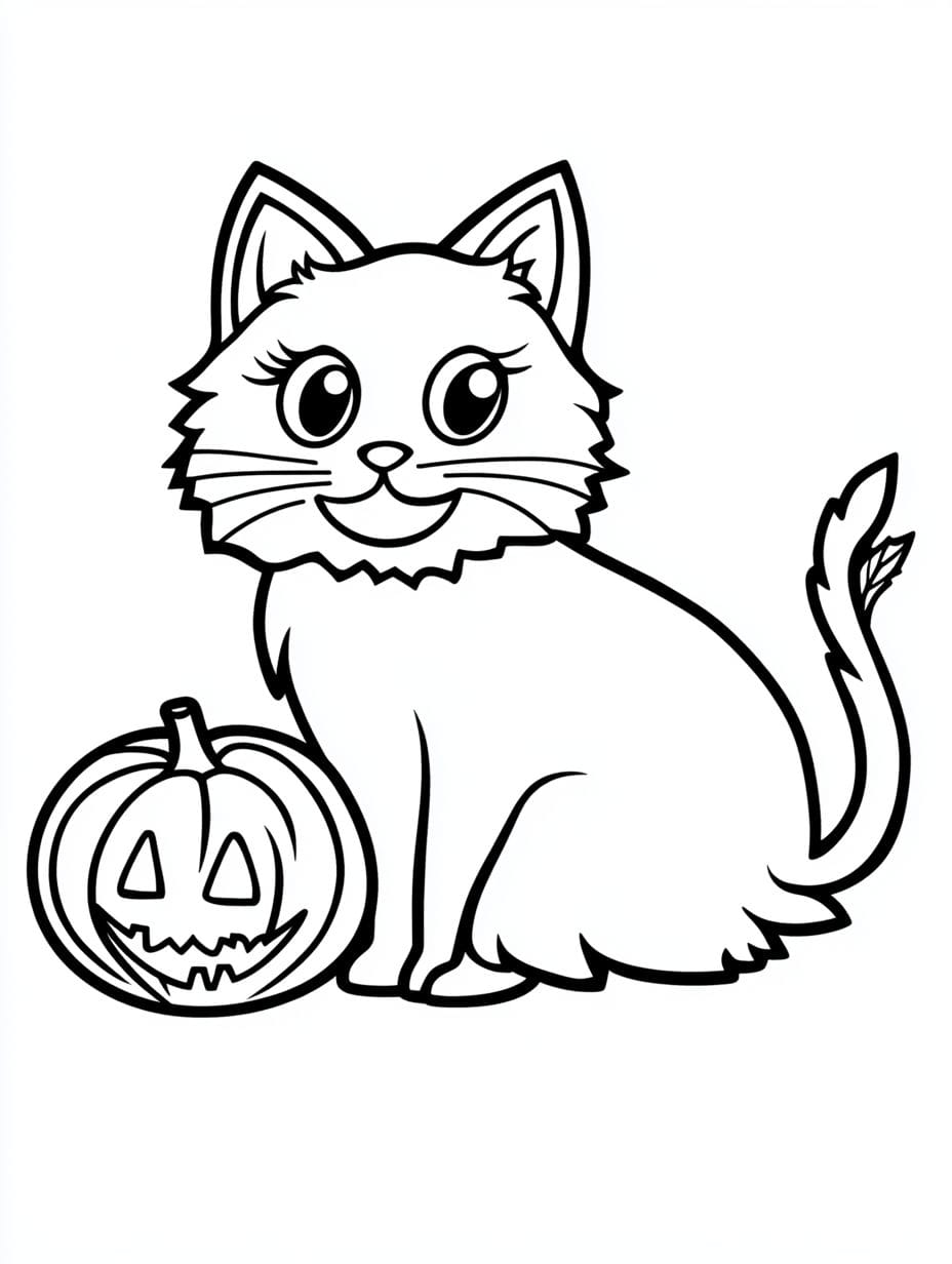 Halloween Cat Smile And Pumpkin Coloring Pages