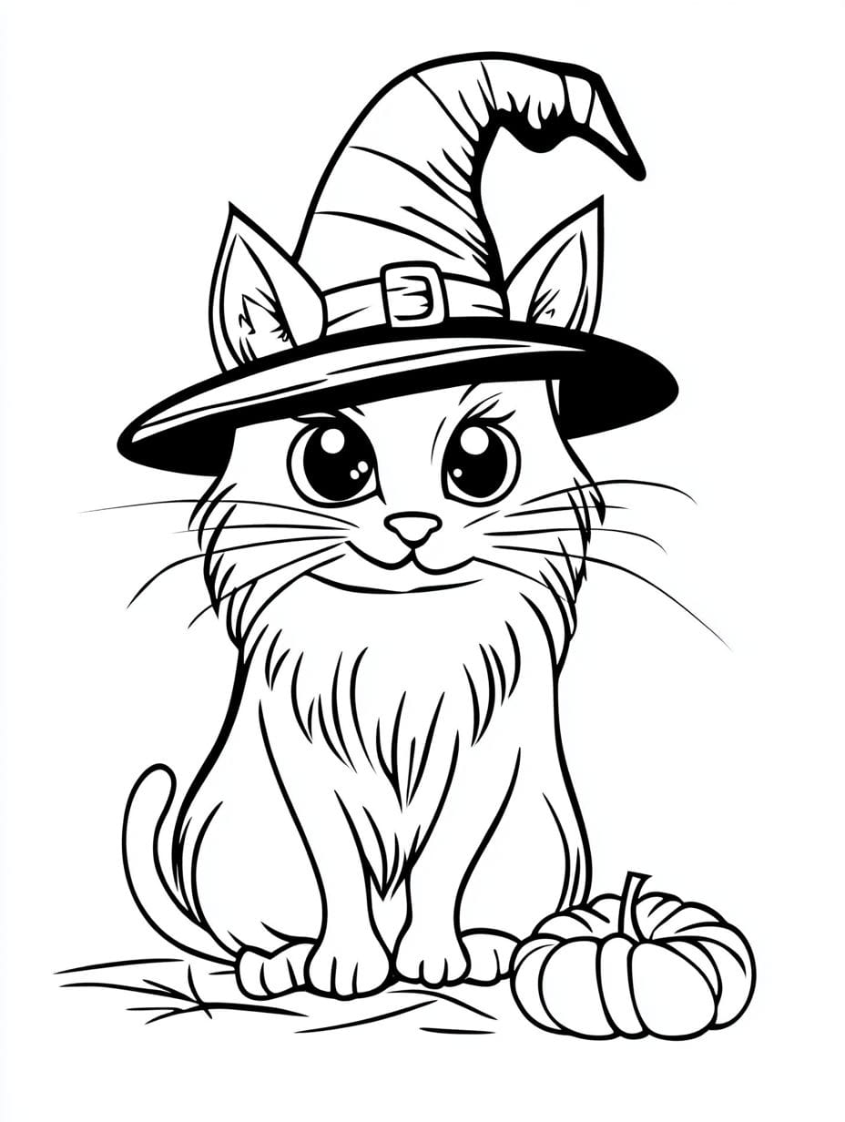 Halloween Cat With Hat And Pumpkin Coloring Pages