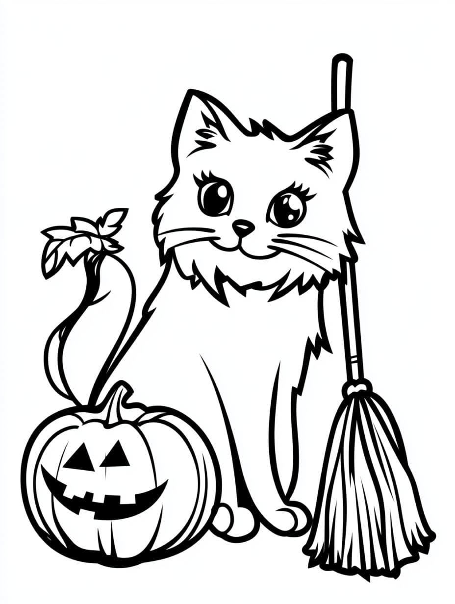 Halloween Cat With Pumpkin And Broom Coloring Pages