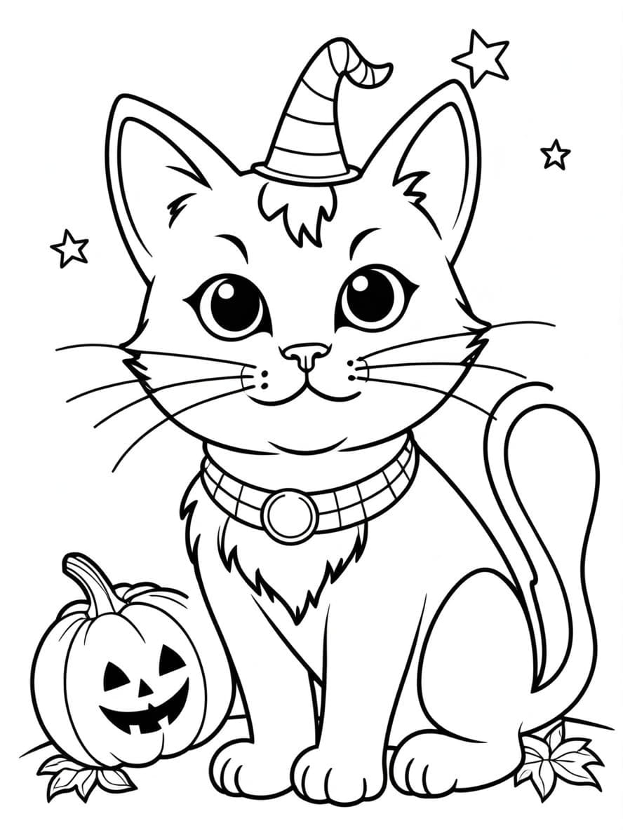 Halloween Cat With Pumpkin Coloring Pages