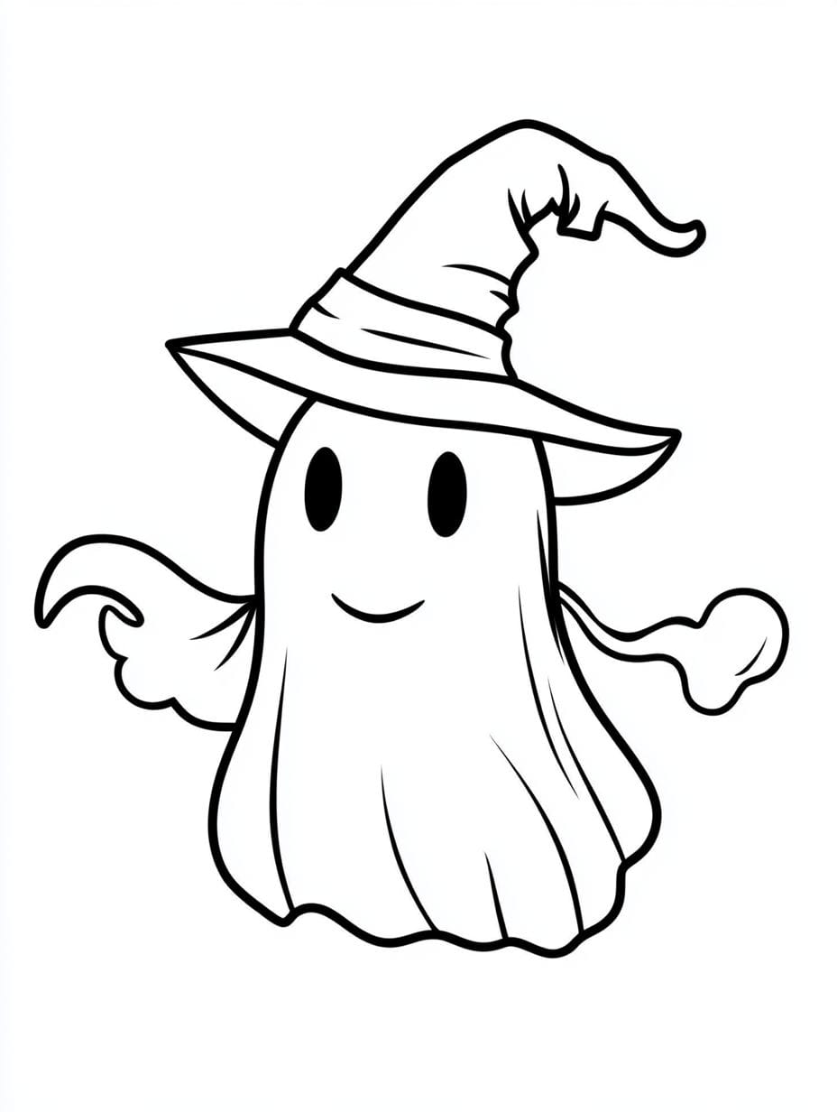 Halloween Ghost Wearing Witches Hat To Color Coloring Page