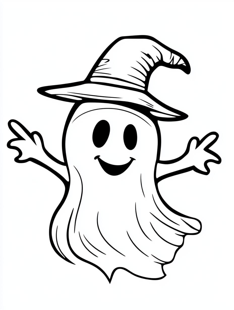 Halloween Simple Ghost Wearing Witches Hat To Coloring Page