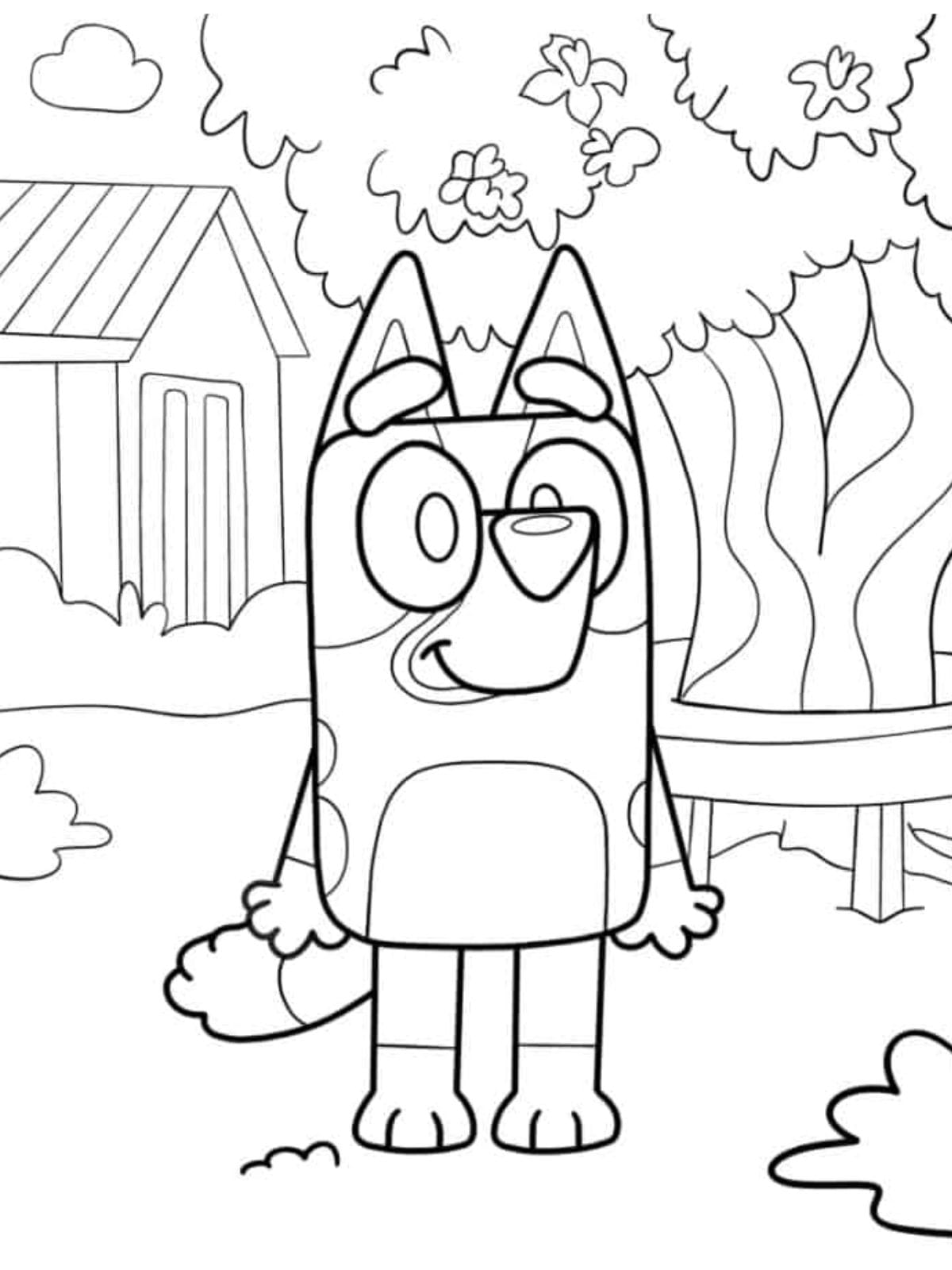 Happy Bluey Standing In Backyard Coloring Pages For Kids