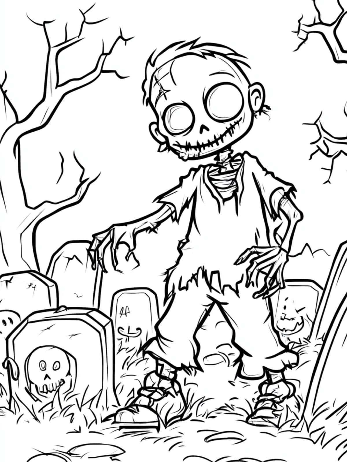 Happy Childlike Zombie Grinning In Graveyard Coloring Pages