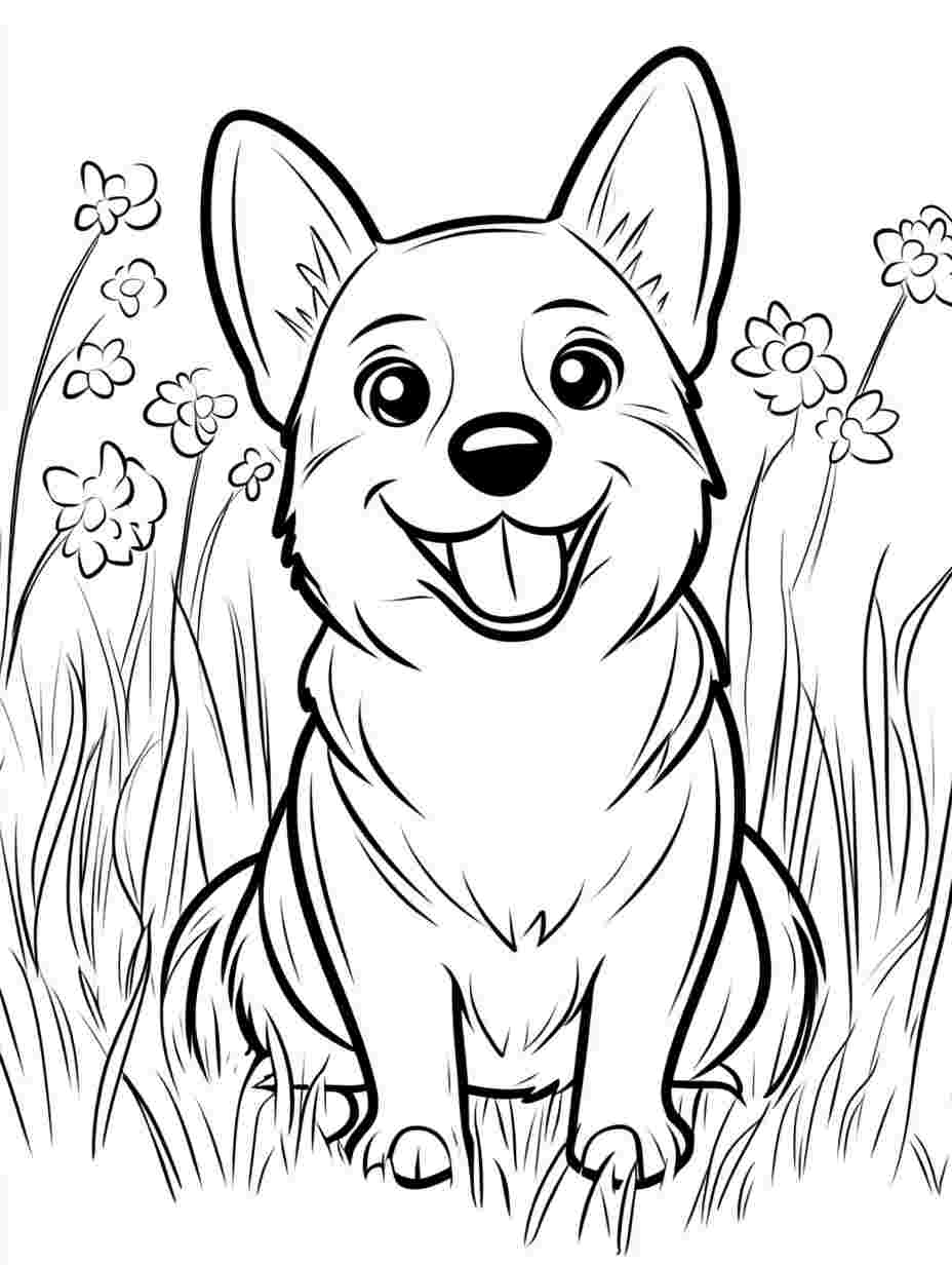 Happy Corgi Sitting On Grass Coloring Pages