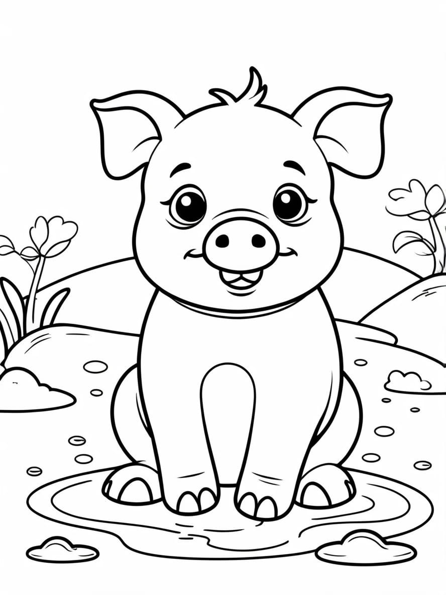 Happy Pig Sitting In Mud Coloring Page