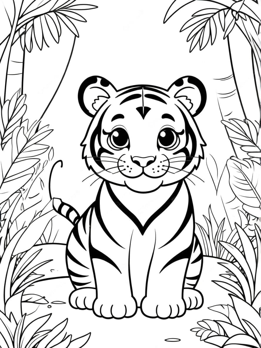 Happy Tiger In Jungle Coloring Pages For Kids