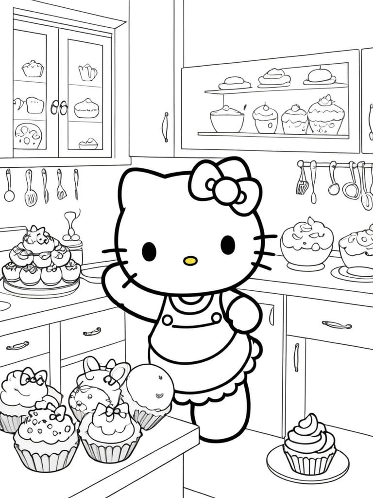 Hello Kitty Baking Cupcake Coloring Pages