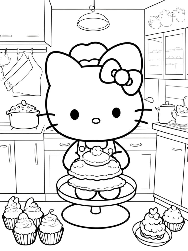 Hello Kitty Baking Cupcake In The Kichen Coloring Pages