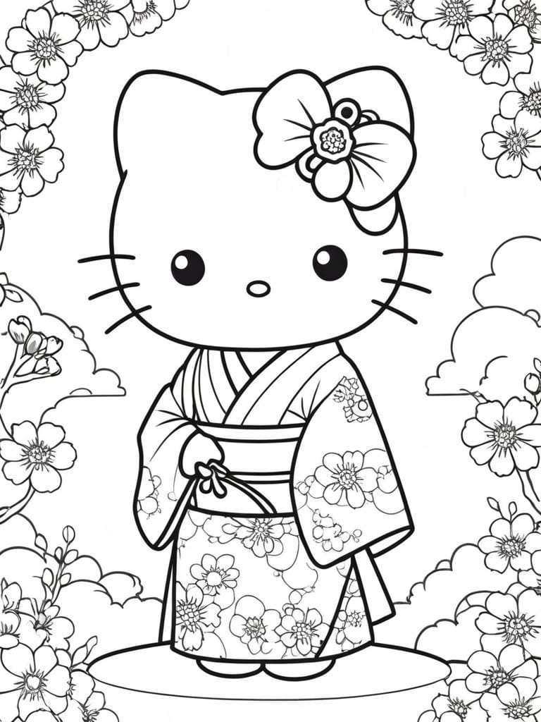 Hello Kitty Dress Kimono In Garden Coloring Pages