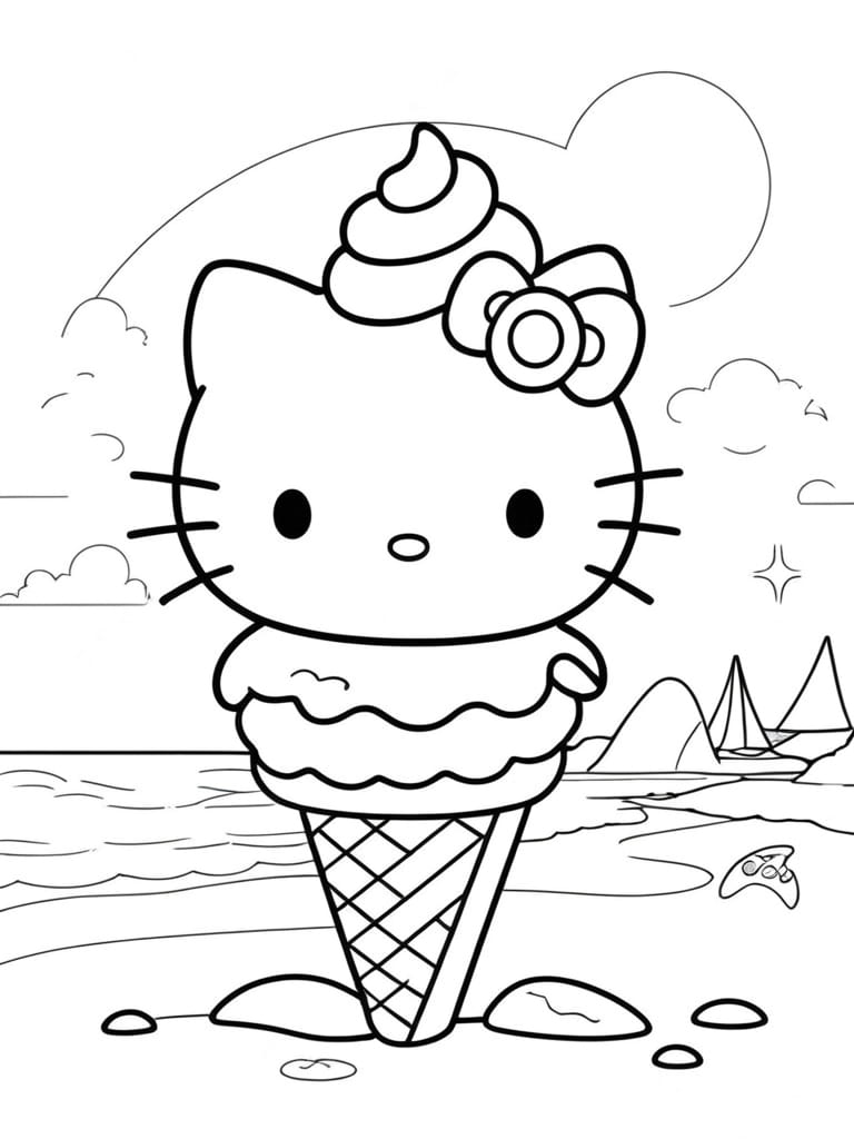 Hello Kitty Enjoy Ice Cream At The Beach Coloring Pages