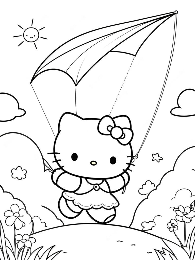 Hello Kitty Flying A Kite Coloring Pages