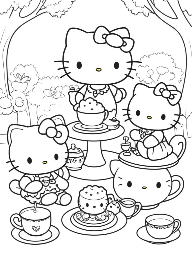 Hello Kitty Having Tea Party With Friends Coloring Pages