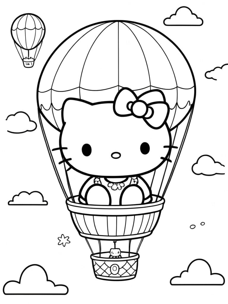 Hello Kitty In A Hot Balloon Coloring Pages