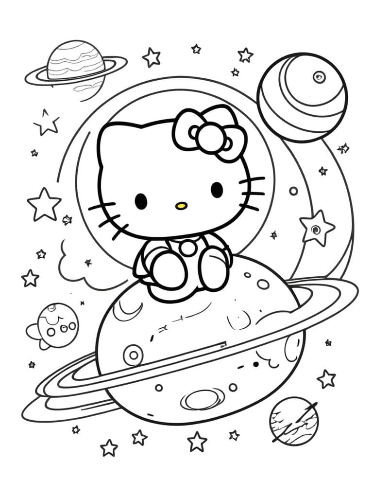 Hello Kitty In Outer Space With Star And Planet Coloring Pages