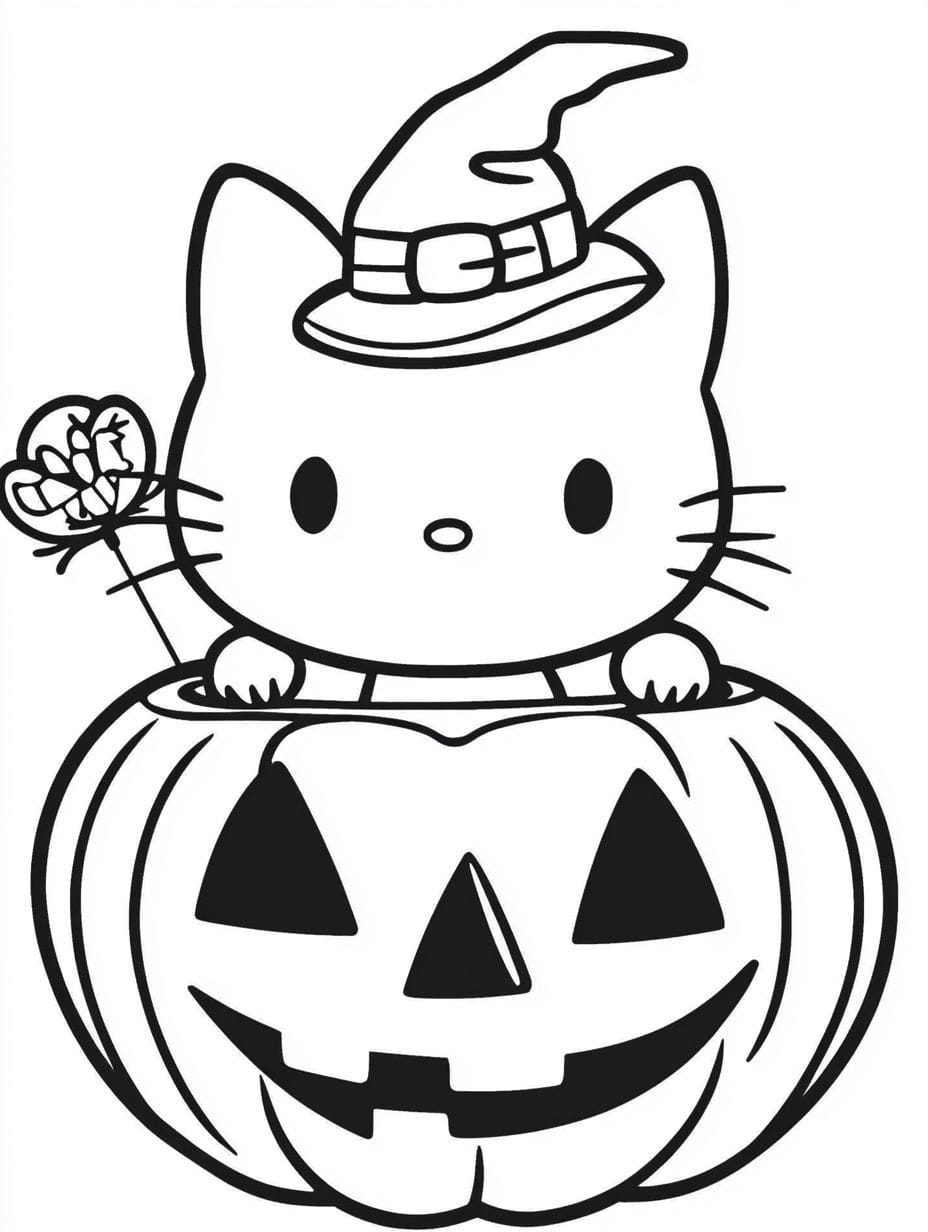 Hello Kitty In Pumpkin Halloween Coloring Pages