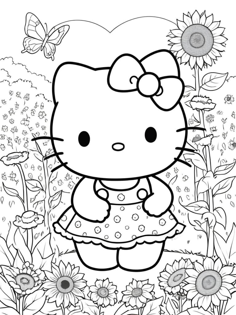 Hello Kitty In The Garden Coloring Pages